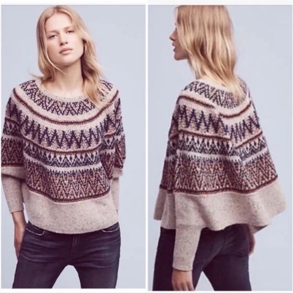 Anthropologie Sleeping on Snow Fair Isle Sweater Cape Poncho Medium Large M